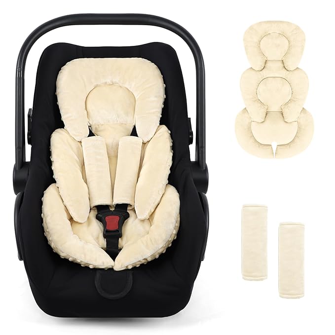 GFU Infant Car Seat Insert Head and Body Support, Reversible Newborn Insert for Carseat with Strap Pads, Soft Stroller Cushion Pillow Insert for Boys and Girls, Fits for Stroller, Swing, Beige-BubblyBeeBaby