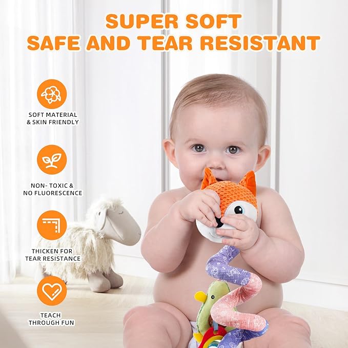 Jollybaby Baby Car Seat Stroller Toys, Plush Activity Hanging Spiral Activity Pram Crib with Music Box, Rattles, Squeaker for Babies Infant Boys Girls(Orange Fox)-BubblyBeeBaby