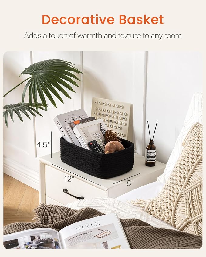KALLAX Small Woven Basket, 12 x 8 x 4.5 Inches, Storage Basket for Organizing, Cute Small Rope Shelf Closet Cube Storage Bins Baskets for Shelves, Dog Toy Gift Baskets Empty, 3 Packs, Black-BubblyBeeBaby