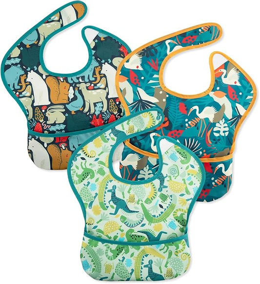 Mess Proof Baby Bib 3 Pack, Waterproof Led Weaning Baby Feeding Bibs with Food Catcher, Travel Feeding Bibs-BubblyBeeBaby