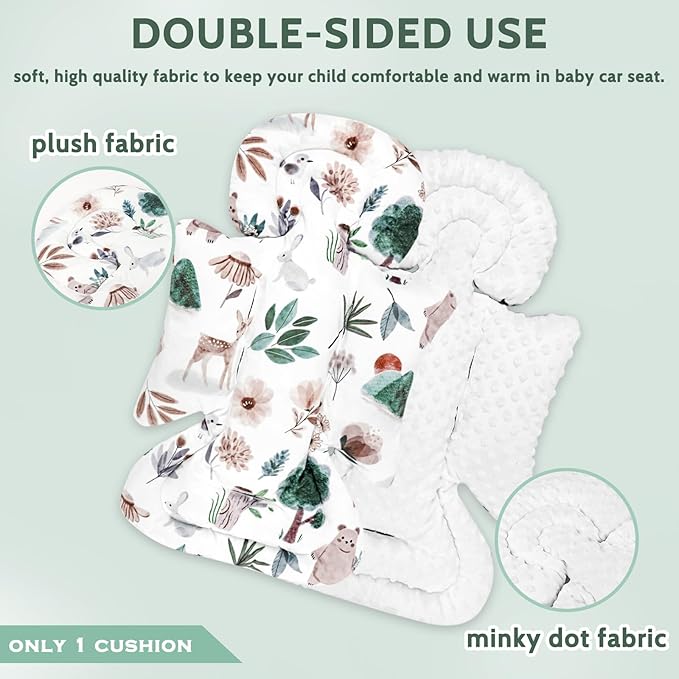 Infant Car Seat Insert and Strap Covers, Very Soft Car Seat Head Support Baby Girl Boy, Reversible Newborn Carseat Insert Cushion Fits for Stroller, Baby Swing, Bouncer (White Animals)-BubblyBeeBaby
