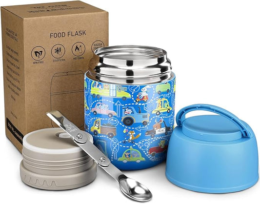 17 oz Insulated Lunch Containers Hot Food Jar, Wide Mouth Lunch Thermo for Kids Adults, Vacuum Stainless Steel Lunch Box With Handle Folding Spoon for School, Office Blue - Car-BubblyBeeBaby
