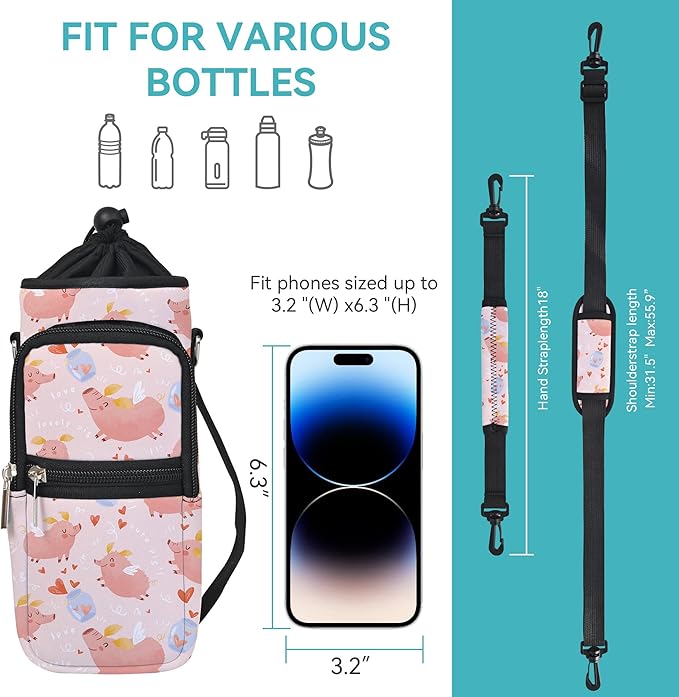 25/32/40/64oz Water Bottle Bag Holder Carrier-Insulated Crossbody Sling Case Sleeve with Strap & Pockets for Men Women Gym Cycling Travel Walking Hiking Camping-BubblyBeeBaby