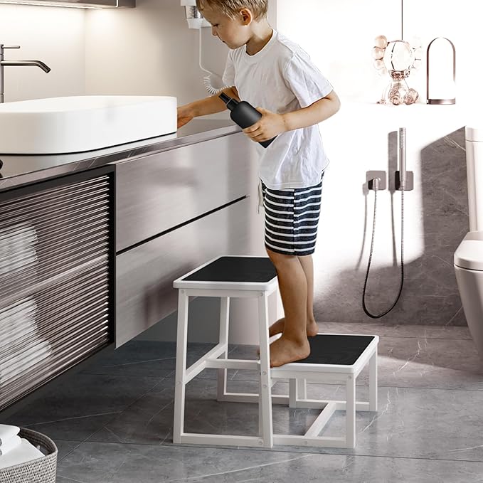 2 Step Stools for Adults Kids, Anti-Slip Sturdy Wooden Foot Stools with 500 Lbs Capacity for High Beds,Closet, Bathroom,Kitchen, Potty Training-BubblyBeeBaby
