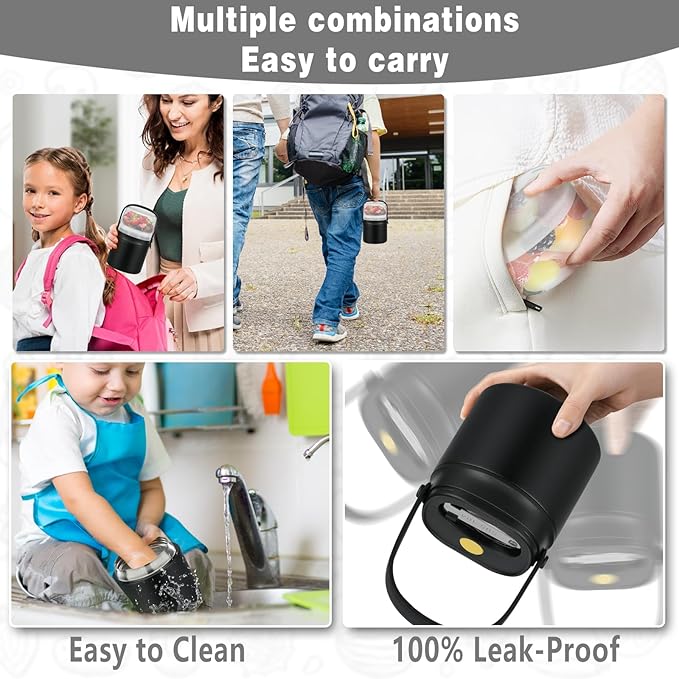 2 - in - 1 Soup Thermo for Hot Food 14oz with Snack Box Container Leak Proof Insulated Lunch Container Kids and Adults Stainless Steel Double Wall Vacuum Wide-mouth Thermal with Spoon and Handle-BubblyBeeBaby