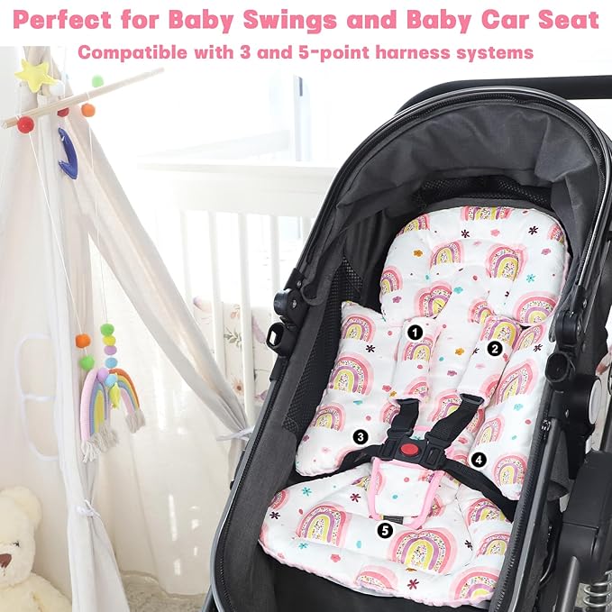 Infant Car Seat Insert with 3 Strap Covers, 3 in 1 Reversible Rainbow Baby Car Seat Head Support for Newborn, Baby Girl Newborn Essentials for Preemie to Infant, Stroller, Swing, Bouncer (Pink)-BubblyBeeBaby