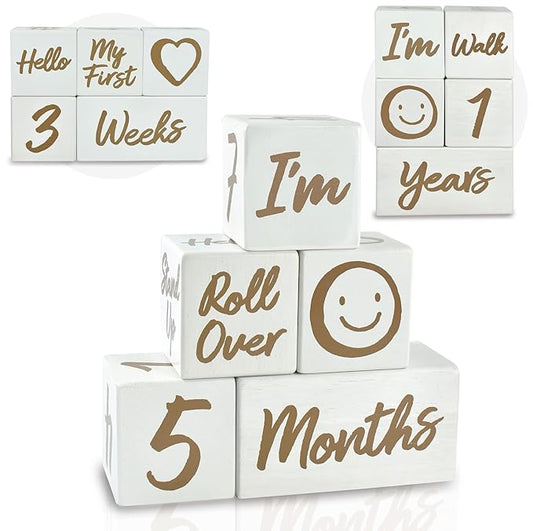 I'm Solid Wood Weekly Monthly Yearly Baby Milestone Age Blocks, Gender Neutral, Newborn Gifts & Keepsakes for Picture Props (5 Pcs/White)-BubblyBeeBaby