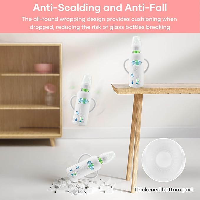 2 Pack Silicone Sleeves for Dr. Brown's Glass Baby Bottles, Anti Breakage Durable Baby Bottle Holder with Easy Grip Handles, Narrow Sleeve with a Cutout, Dishwasher/Freezer/Microwave Safe, 8 oz-BubblyBeeBaby