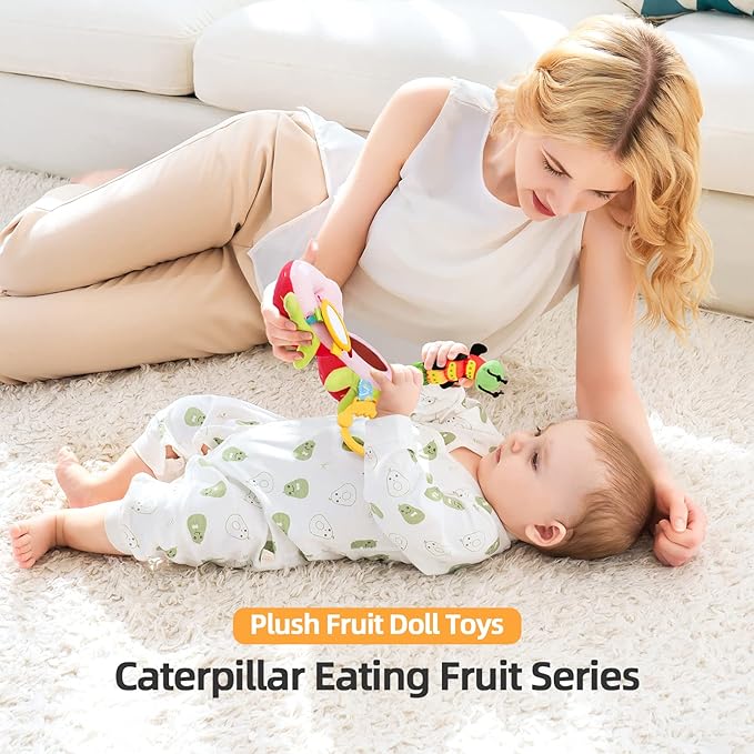 Jollybaby Newborn Plush Stuffed Fruit Rattle Toy for Stroller Car Seat Crib, Montessori Sensory Plush Strawberry Toy with Rattle and Mirro Toy for Baby 0-6-12 Month, Infant Baby Boy Girl Shower Gift-BubblyBeeBaby