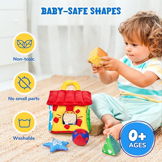 JoyCat Infant Toys 6-12 Months, Soft Sensory Toy with 4 Fabric Shapes, Baby Learning Shape Sorter for 3 4 5 6 7 8 9 10 11 12-18 Months, Baby Shower Birthday Gift Boy Girl-BubblyBeeBaby