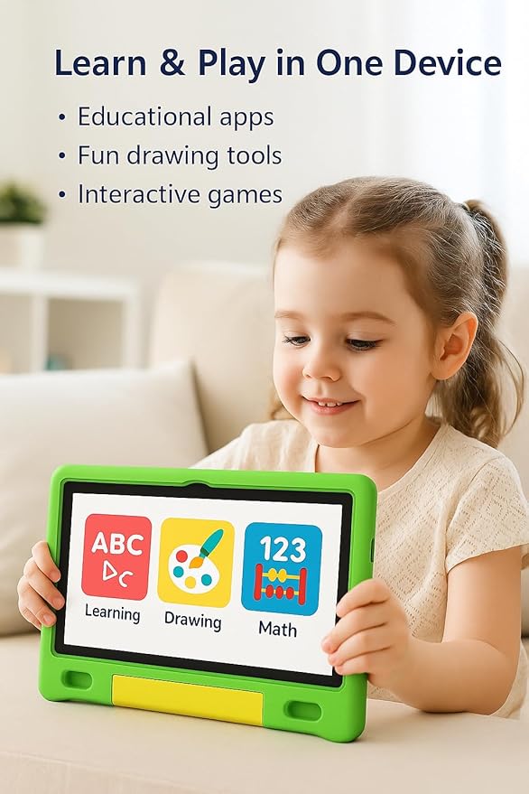 10.1 Inch Kids Tablet with Shockproof Case | Android 14, 64GB+8GB RAM, 12H Battery | Parental Control, Google Kids Space & Preloaded Educational Apps | WiFi 6, HD Display, Ages 3-12-BubblyBeeBaby