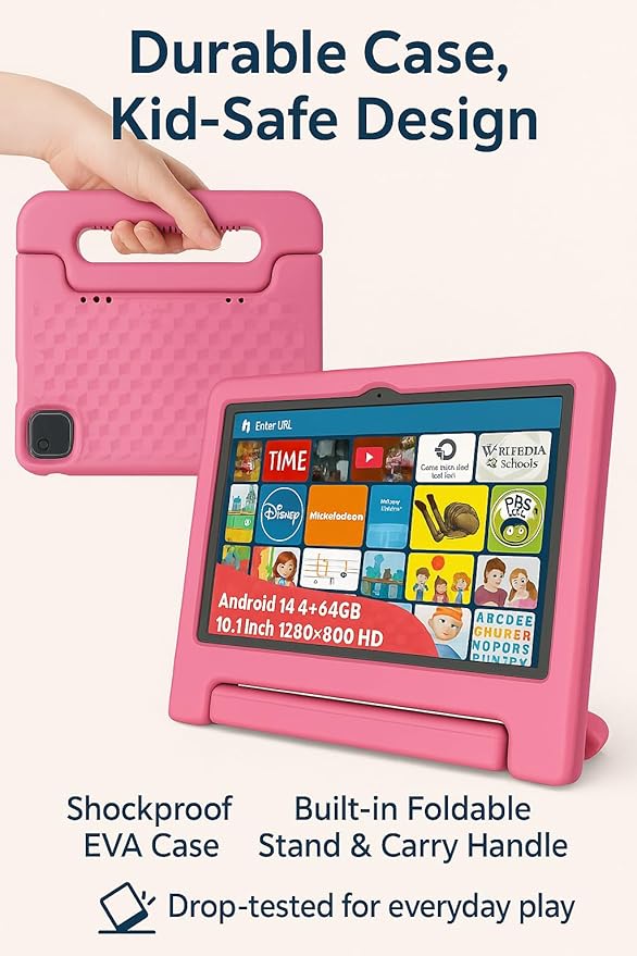 10.1" Kids Tablet Android 14 | 64GB Octa-Core 8GB RAM | Shockproof Case & Parental Control | 12H Fast Charge | HD Display w/Google Kids Space & Educational Apps | WiFi 6/Bluetooth/GPS | Ages 3-12-BubblyBeeBaby