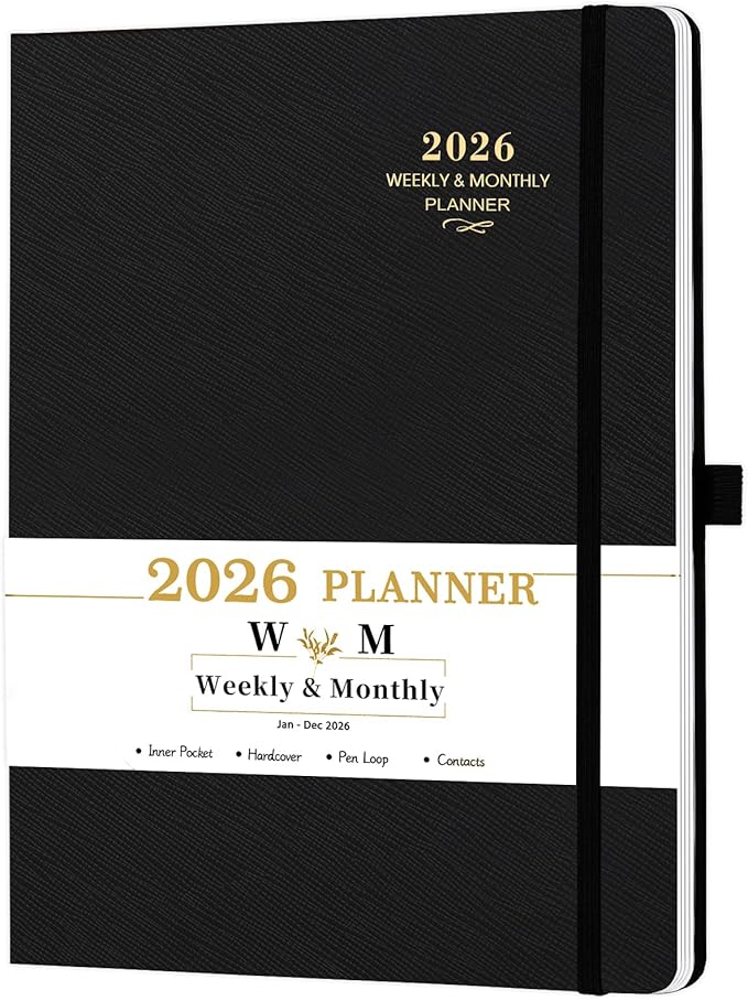 2026 Planner - 2026 Planner Weekly and Monthly, JAN 2026 - DEC 2026, Calendar Planner with Hardcover,Thick Paper, Back Pocket, Notes Pages, Pen Loop (9" x 11") - Black-BubblyBeeBaby