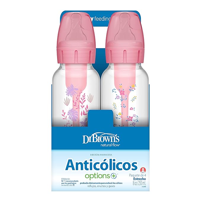 Dr. Brown's Natural Flow Anti-Colic Options+ Narrow Baby Bottle, Pink Floral, 8 oz/250 mL, with Level 1 Slow Flow Nipples, 0m+, 4 Pack-BubblyBeeBaby