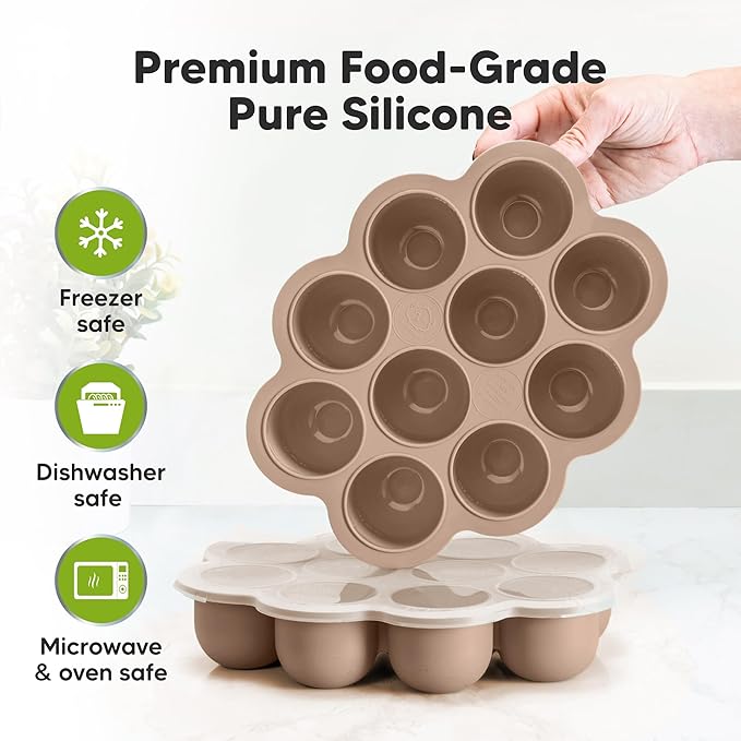 KeaBabies Silicone Food Freezer Trays with Lid, 2oz x 10 Pods Baby Food Storage Containers, Easy Puree Meal Prep, Breast Milk Silicone Freezer Molds, Dishwasher, Microwave Safe,BPA-Free(Chai Latte)-BubblyBeeBaby