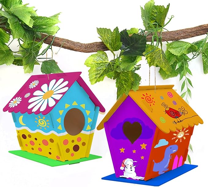 hapray 2 Pack Bird House Kit, DIY Birdhouse Kits, Wooden Crafts Arts for Children to Build and Paint (Includes Paints & Brushes) for Kids Girls Boys Toddlers Gifts Christmas-BubblyBeeBaby