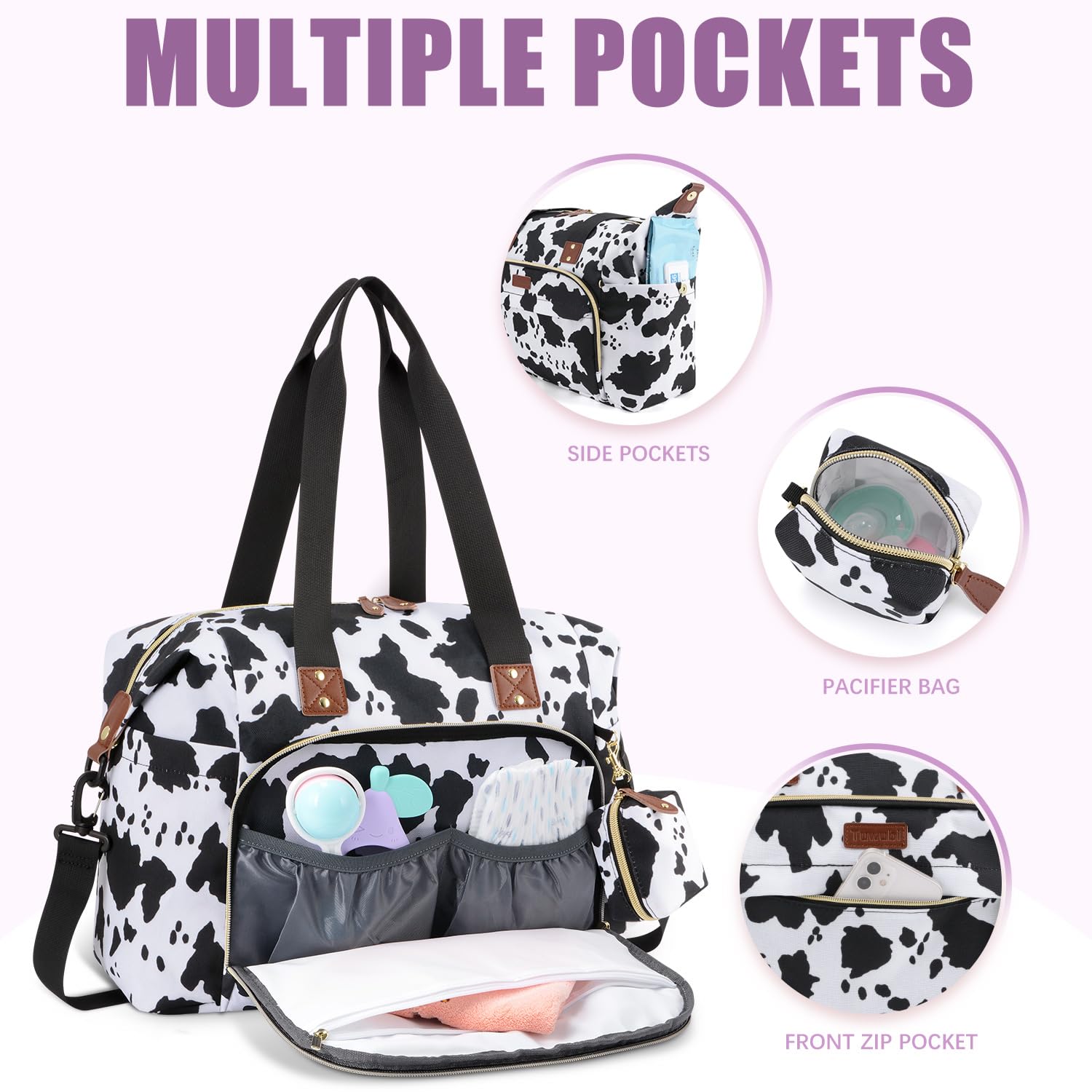 Tuwubi Diaper Bag Tote,Baby Diaper Bag with Pacifier Case Large Travel Diaper Tote Caddy for Mom and Dad Multifunction Large Baby Bag - Cow Print