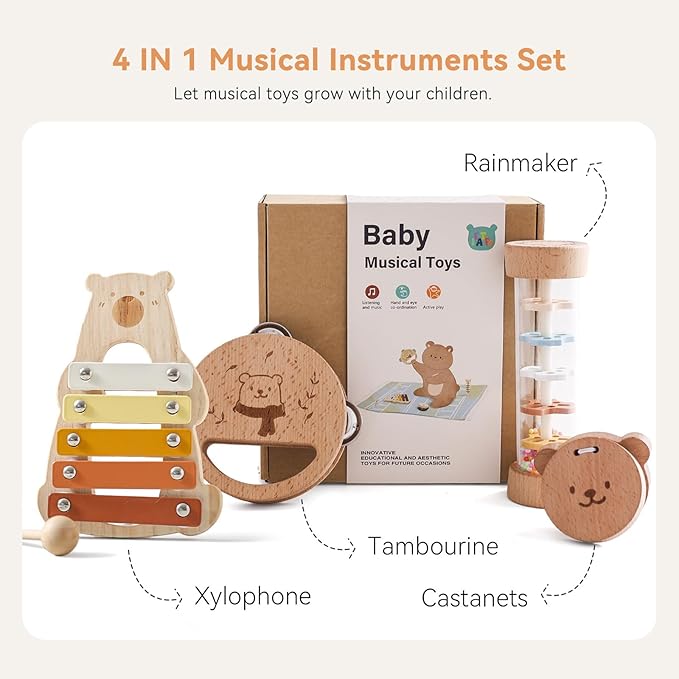 IEATFO Baby Musical Instruments - Your Child's First Musical Toys with Castanet Rainmaker Tambourine Xylophone - Baby Friendly Design Wooden Instruments Set Grow with Your Boys and Girls-BubblyBeeBaby