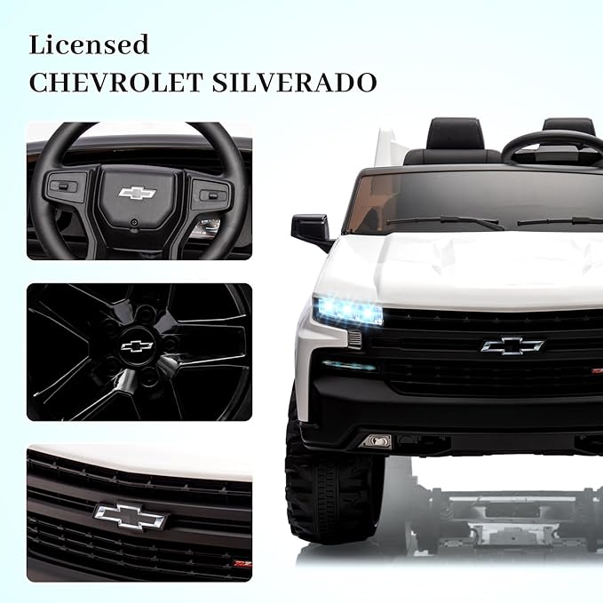 Hetoy 24V 2-Seater Truck Licensed Chevrolet Silverado Ride On Car Toy w/Parent Remote Control,4xSpring Suspension, 3 Speeds, Wireless Music, MP3 Player, Electric Vehicle Car for Kids, White-BubblyBeeBaby