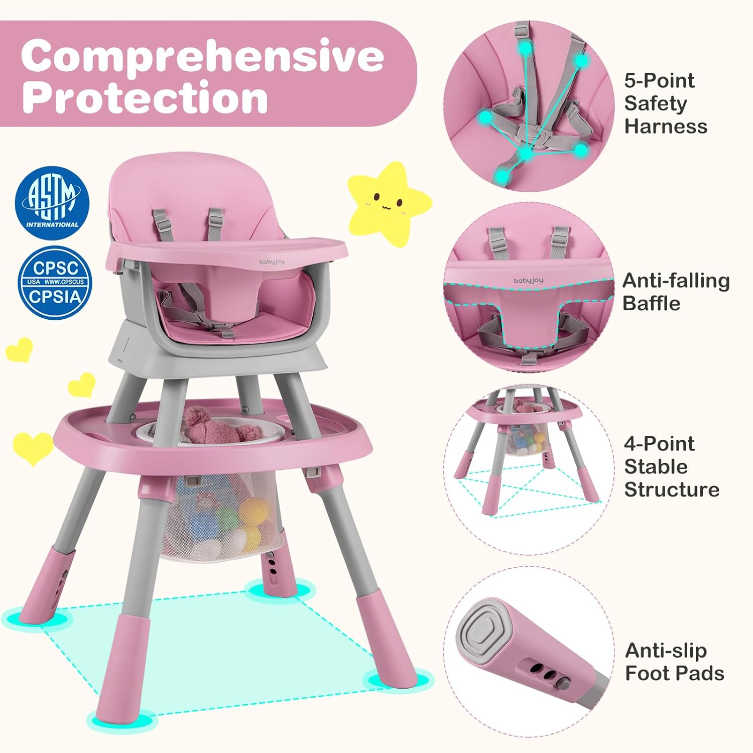 BABY JOY 16 in 1 High Chair, Convertible Baby Highchair for Babies and Toddlers with Activity Center, Booster Seat, Building Block Table, Toddler Chair with Safety Harness, Removable Tray (Pink)
