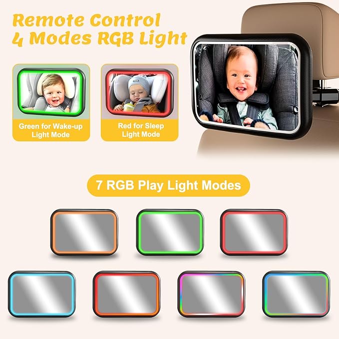 Baby Car Mirror with Light, 7 RGB Light Rear Facing Baby Car Seat Mirror with Remote Control Rechargeable 360° Rotation Hook Clip Design Wide View Shatterproof-BubblyBeeBaby