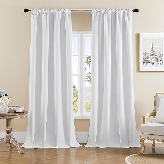 Joydeco Faux Linen Blackout Curtains for Bedroom,White Blackout Curtains 108 inches Long,100% Blackout Solid Thermal Insulated Window Drapes Luxury Decor for Living Room（W52xL108 Inch,White）-BubblyBeeBaby