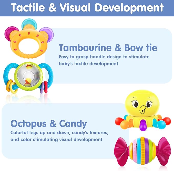 iPlay, iLearn 10pcs Baby Rattles Toys Set, Infant Grab Shake Rattle, Easy Hold Sensory Teether, Babies Development Learning Music Toy, Newborn Shower Birthday Gift 1 2 3 4 5 6 7 9 10 12 Month Boy Girl-BubblyBeeBaby