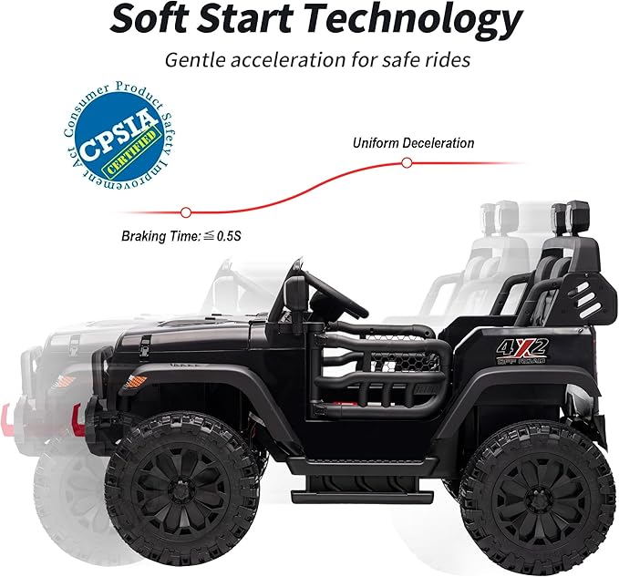 2 Seater Ride on Car Truck, 12V Kids Electric Ride on Toy for Big Kids Age 3-8 w/Remote Control- Black-BubblyBeeBaby