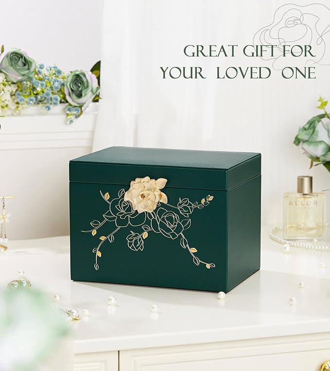 Jewelry Box with Lock for Girls: Jewelry Organizer for Dresser - 3-Drawer Earrings Storage Girls Women Gift (Dark Green)-BubblyBeeBaby