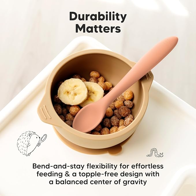 KeaBabies Silicone Baby Spoons, Self Feeding 6-12 months - 3-Pack Baby Weaning Eating Utensils, Toddler First Food Training Spoon, Infant, Kids Feeding Supplies Essential Set,Dishwasher-safe (Roseate)-BubblyBeeBaby