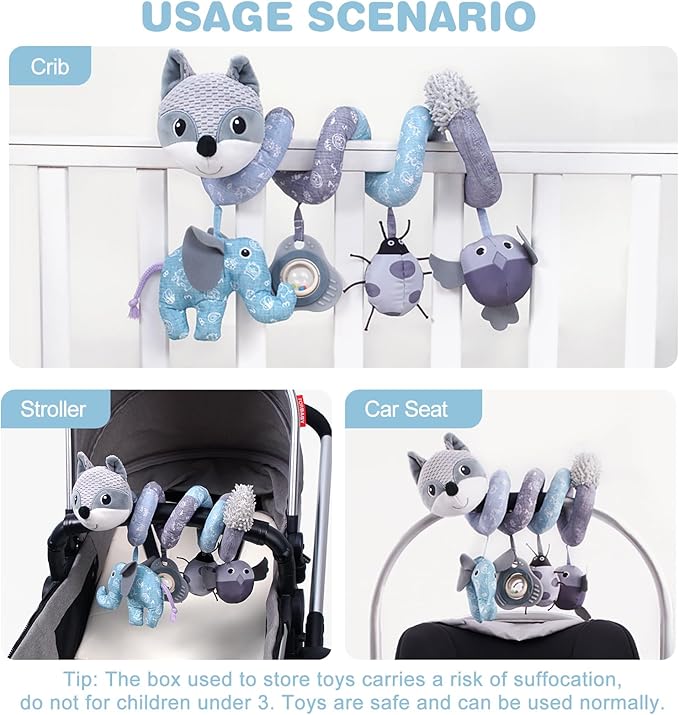 Jollybaby Baby Car Seat Stroller Toys, Plush Activity Hanging Spiral Activity Pram Crib with Music Box, Rattles, Squeaker for Babies Infant Boys Girls(Grey Fox)-BubblyBeeBaby