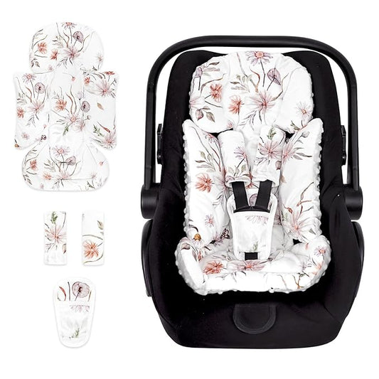 Infant Car Seat Insert and Strap Covers, Very Soft Car Seat Head Support Baby Girl Boy, Reversible Newborn Carseat Insert Cushion Fits for Stroller, Baby Swing, Bouncer (White Flower)-BubblyBeeBaby