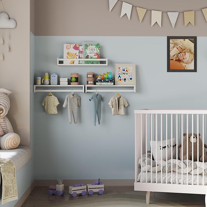 Heimlove Nursery Floating Shelves, White Nursery Book Shelves for Wall, 24 inch Wall Bookshelf for Kids Solid Wood Wall Mounted Shelves for Books,Toys and Decor Storage, Set of 3-BubblyBeeBaby