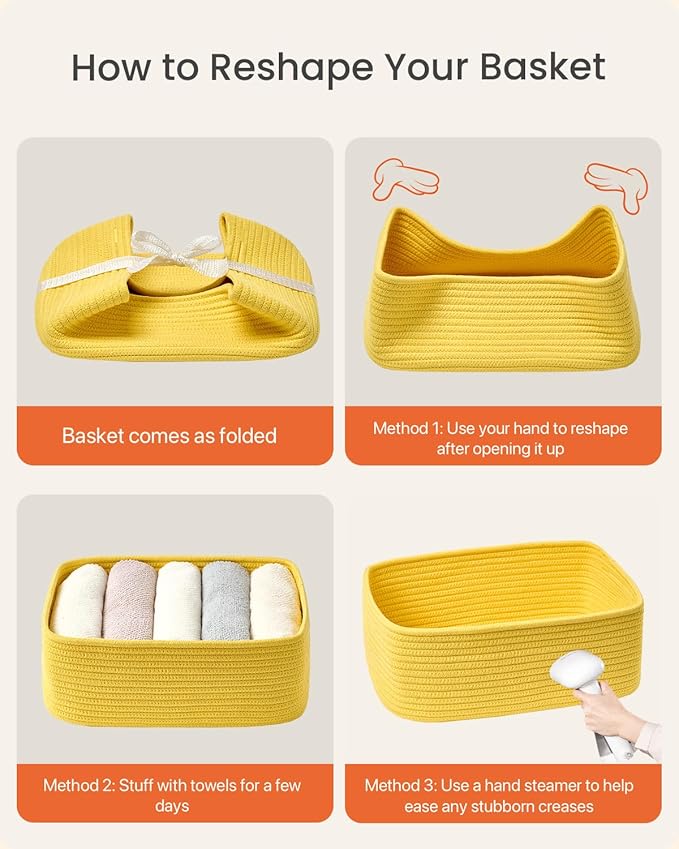 KALLAX Small Woven Basket, 13.5 x 9.5 x 5 Inches, Storage Basket for Organizing, Cute Small Rope Shelf Closet Cube Storage Bins Baskets for Shelves, Dog Toy Gift Baskets Empty, 3 Pack Yellow-BubblyBeeBaby