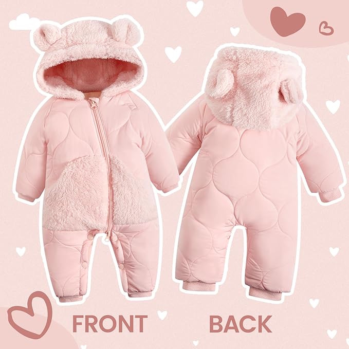 JiAmy Baby Snowsuit Newborn Winter Clothes Coat Romper Windproof Fleece Hat Zipper Baby Bear Outfit-BubblyBeeBaby