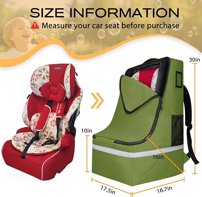 Car Seat Travel Bag for Airplane,Infant Seat Travel Bag with Shoulder Strap,Padded Car Seats Backpack with Reflective Stripes,Large Carseat Carrier Bag Travel Car Seat Cover,Green-BubblyBeeBaby