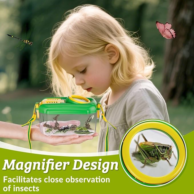 2 Set Bug Catcher for Kids- Educational Bug Catching Kit Including Butterfly Net, Insect Clip, Tweezer, Outdoor Toys for Kids Ages 3-10 (Pink & Green)-BubblyBeeBaby