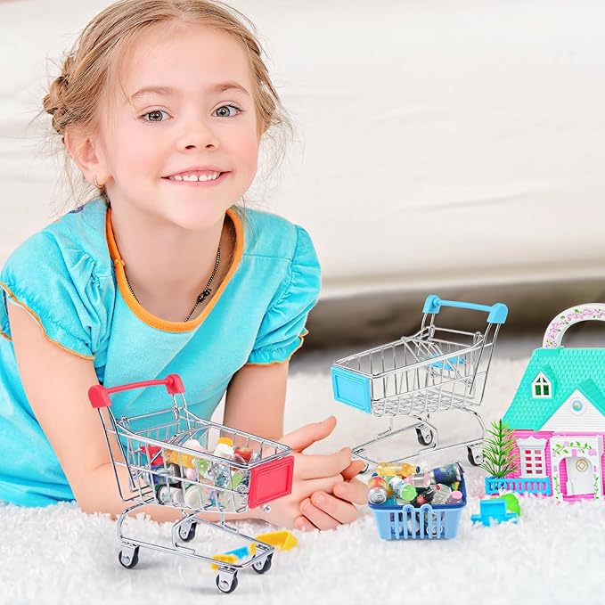 134pcs Mini Shopping Cart Basket Miniature Food Drink Bottle Supermarket Metal Handcart Toys Doll House Store Cosplay Game Dollhouse Grocery Fruit Cake Bread Party Trolley Model Dollar Bills-BubblyBeeBaby