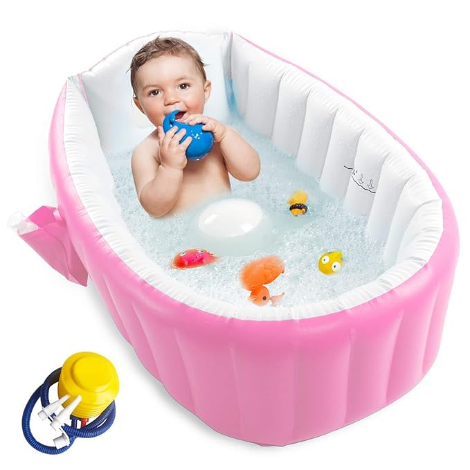 Inflatable Baby Bathtub, Portable Infant Toddler Bathing Tub Non Slip Travel Bathtub Mini Air Swimming Pool Kids Thick Foldable Shower Basin with Air Pump, Pink-BubblyBeeBaby