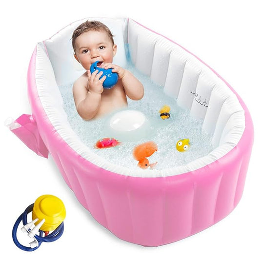Inflatable Baby Bathtub, Portable Infant Toddler Bathing Tub Non Slip Travel Bathtub Mini Air Swimming Pool Kids Thick Foldable Shower Basin with Air Pump, Pink-BubblyBeeBaby