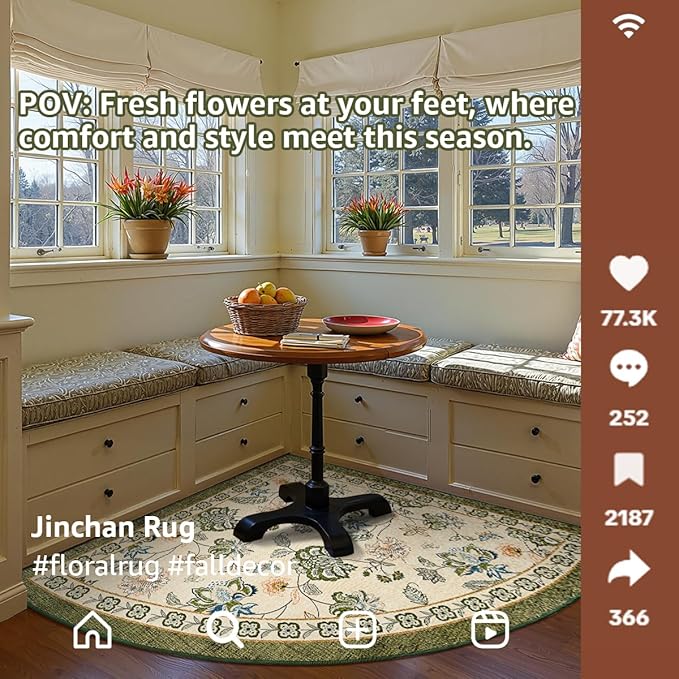 jinchan Floral Corner Rug for Living Room Washable Bedroom Rug Vintage Romance Design Non Slip Quarter Circle Lightweight Low-Pile Throw Carpet for Reading Nook Playroom,8ft Radius, Green/Beige-BubblyBeeBaby