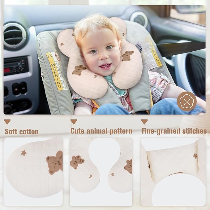 vocheer Baby Neck Pillow(Upgraded), Cotton, Baby Support Pillow, Car Seat Pillows for Newborn, Carseat Head and Body Support, Infant Travel Pillows for Prams, Pushchair, Stroller, Bouncer, Bears-BubblyBeeBaby