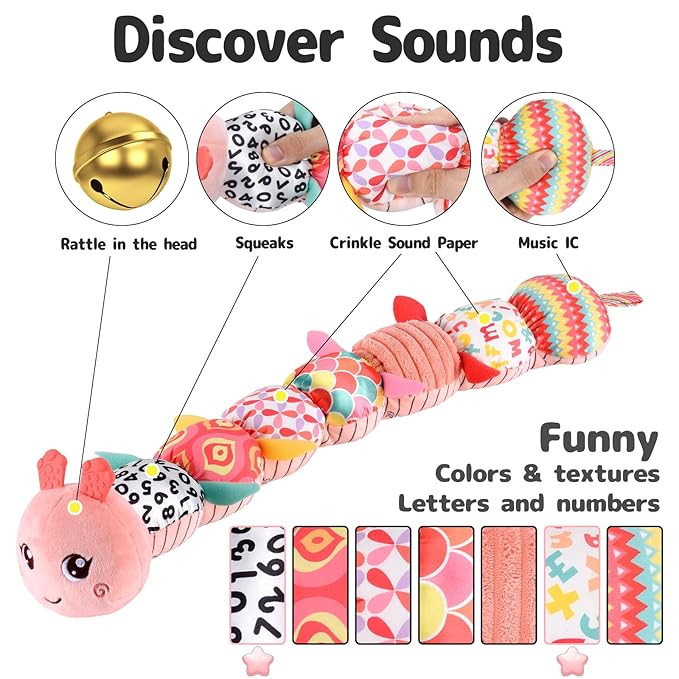 Infant Baby Musical Stuffed Animal Activity Soft Toys with Multi-Sensory Crinkle, Rattle and Textures for 0-3-6-12 Months Developmental Toys, Caterpillar, Pink-BubblyBeeBaby