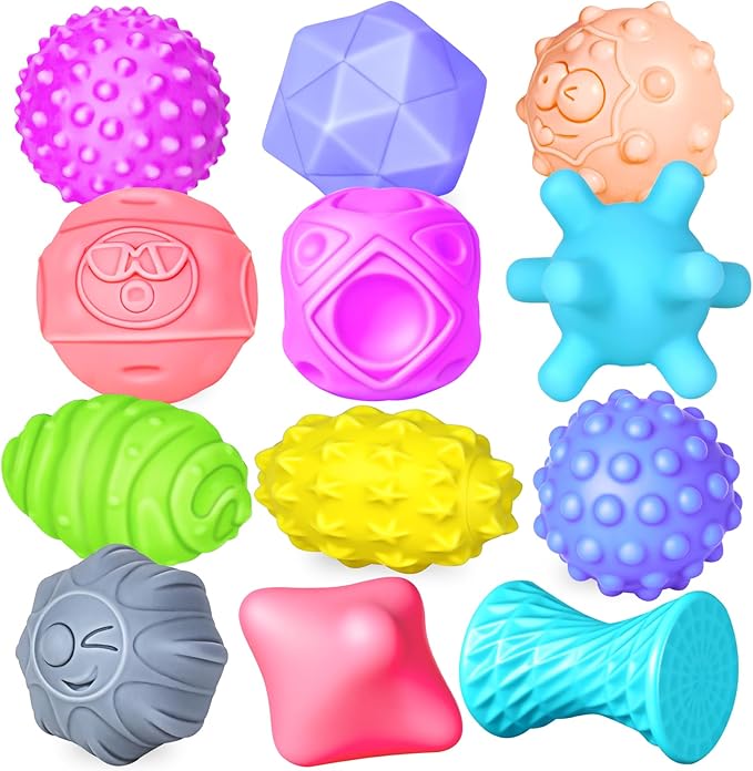 12 Pcs Sensory Balls for Toddlers, Sensory Baby Toys, Montessori Toy for Babies Squeeze, Infant Toys Soft Multi Ball Set Gifts with Bright Color Textured-BubblyBeeBaby