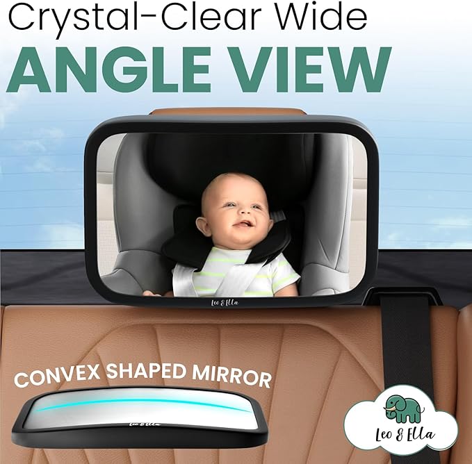 Leo and Ella - Baby Car Mirror - Extra Large & Ultra Clear Infant View, Crash Tested Shatterproof Design w/ 360° Adjustable Mount, Premium Car Mirror For Baby-BubblyBeeBaby