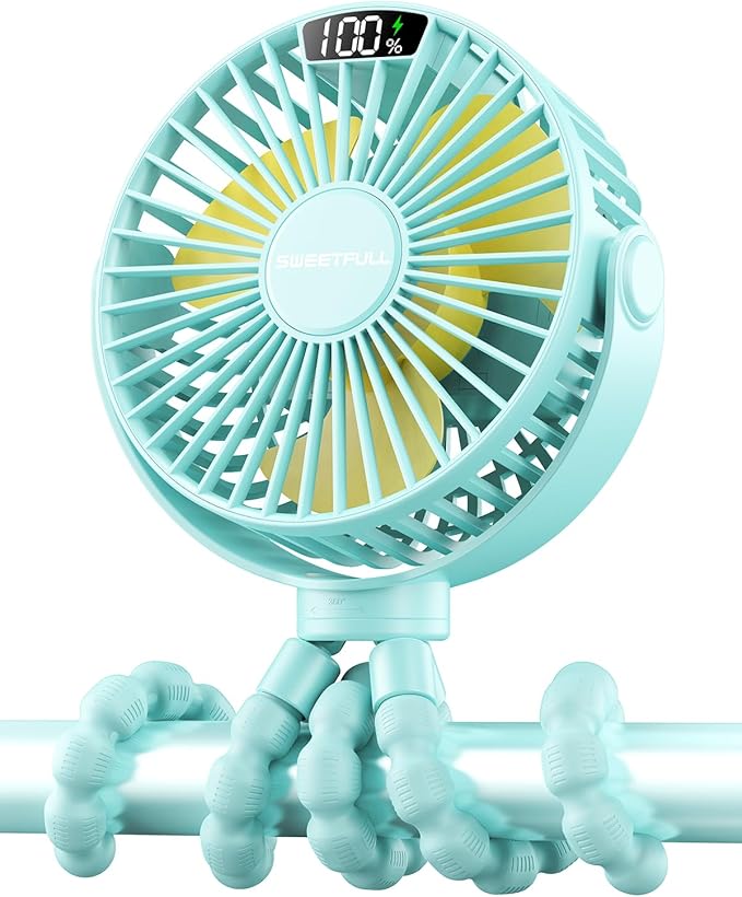 SWEETFULL Portable Stroller Fan with Display 4000mAh Battery Powered Mini Clip On Fan, 4-Speed Rechargeable Small Personal Cooling for Baby Car Seat Crib Travel - Cyan-BubblyBeeBaby