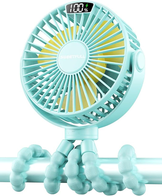 SWEETFULL Portable Stroller Fan with Display 4000mAh Battery Powered Mini Clip On Fan, 4-Speed Rechargeable Small Personal Cooling for Baby Car Seat Crib Travel - Cyan-BubblyBeeBaby