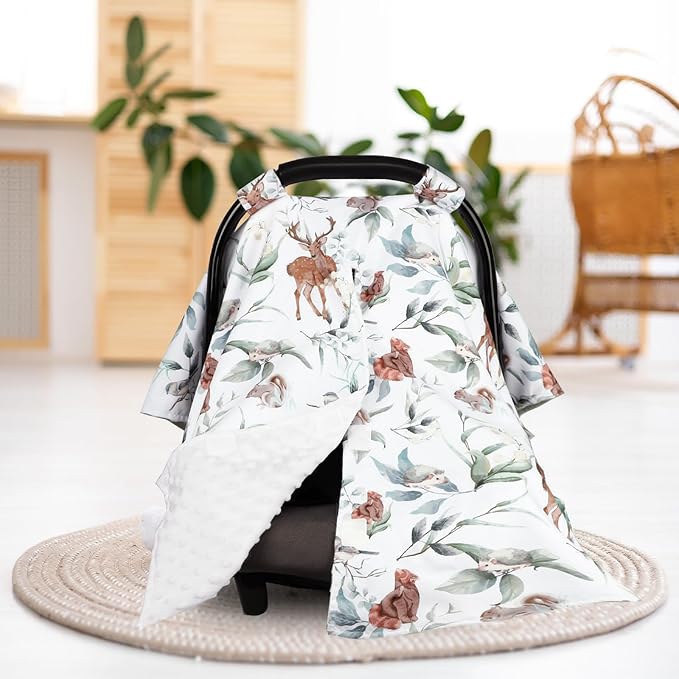 TANOFAR Baby Carseat Canopy, Peekaboo Opening Car Seat Canopy for Babies, Soft and Breathable Infant Carrier Canopy, Multi-use Baby Carrier, Stroller, Nursing Cover, Minky Blanket, Animal Leaf-BubblyBeeBaby