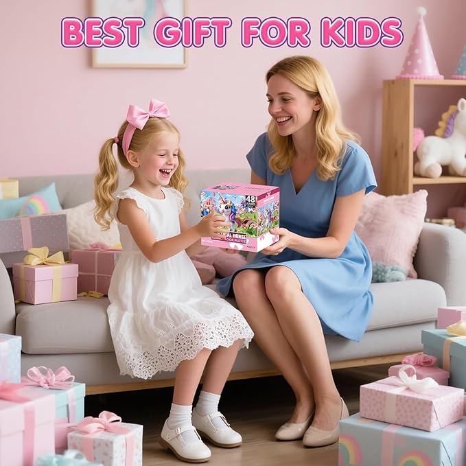 Jumbo Floor Puzzle for Kids,48 Piece Unicorn Large Jigsaw Puzzles,Puzzle for Toddler Ages 3-5,Fun Educational Preschool Learning Toy Gift for Boys & Girls Ages 4-8-BubblyBeeBaby