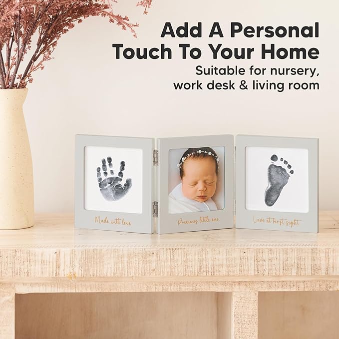 Inkless Baby Handprint and Footprint Kit for Newborn - Baby Footprint Kit, Newborn Keepsake Nursery Picture Frame,Dog Paw Print Maker,Personalized Gifts for New Mom,Showers & Registry(Cloud Gray/Gold)-BubblyBeeBaby